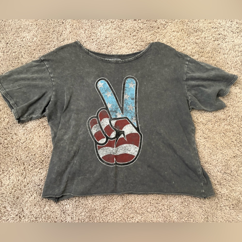 Caution To The Wind Black Tee with Red & Blue Peace Sign Graphic